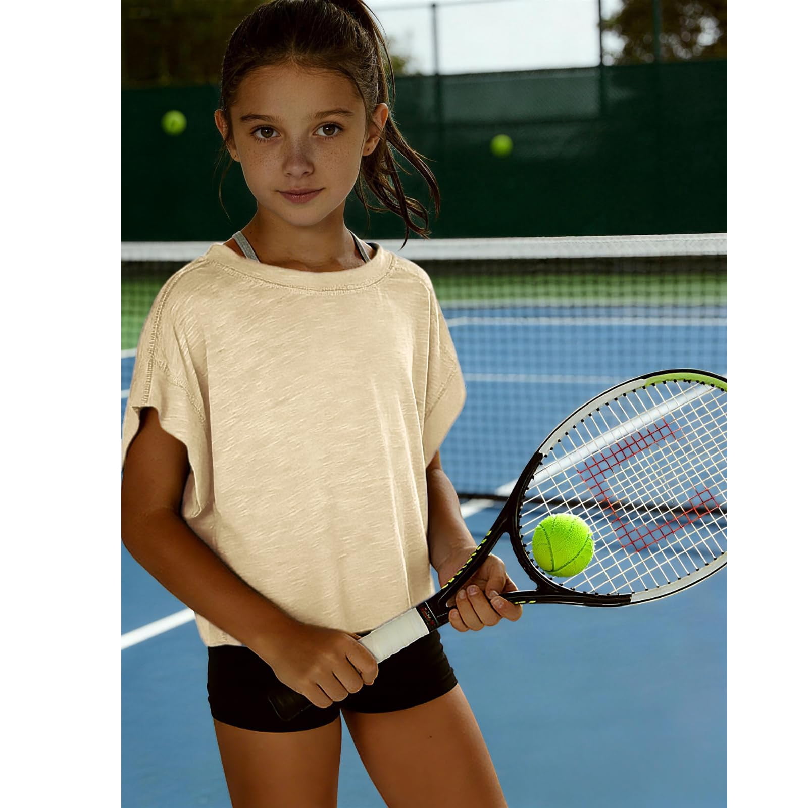 Faraee Teen Girls Open Back Shirts Backless Yoga Workout Summer Cute Tee Tops Short Sleeve Crop Oversized T Shirts Clothes 4t 5t 6t 7t 4-14 Years Beige