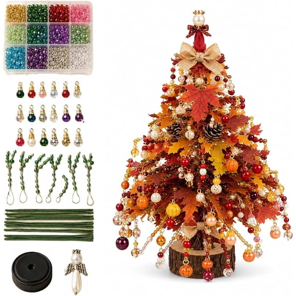DIY Beaded Christmas Tree Kit, Crystal Holiday Craft Set for Adults | Colorful Beads, Ornament Charms, Metal Frame, Angel Topper, Warm Glow Display, Tabletop Decor, Relaxing Project, Holiday Gift (C)