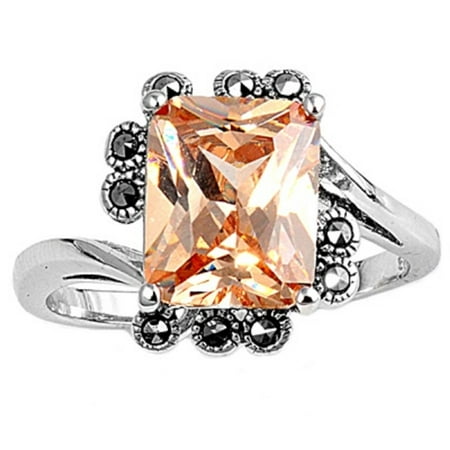 - Rectangular Champagne Simulated Marcasite Cubic Zirconia Center Vintage Style Ring Sterling Silver