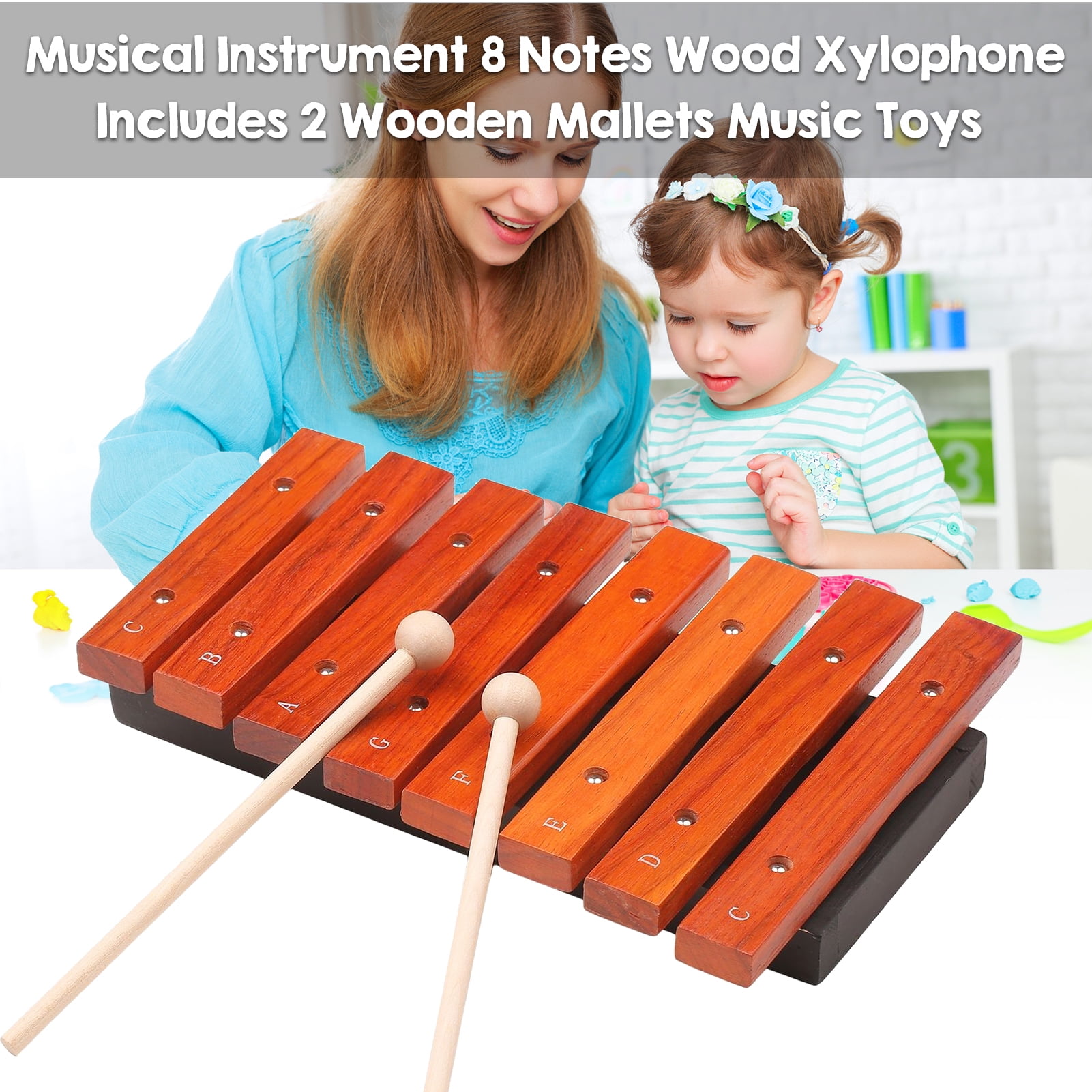 Walmeck Musical Instrument 8 Notes Wood Xylophone Includes 2