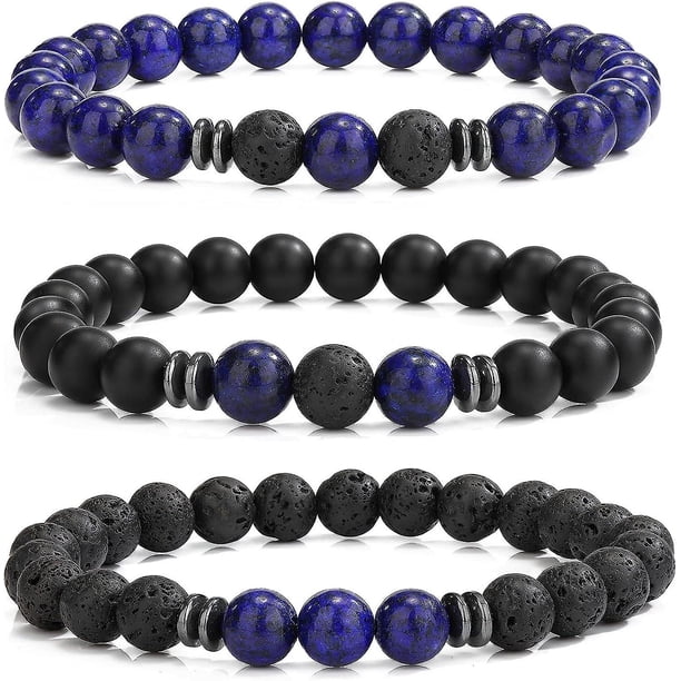 Pulseras con cuentas para hombre, cuentas de piedra volcánica de roca de Lava mate para mujer, pulsera elástica, joyería de moda, lapislázuli