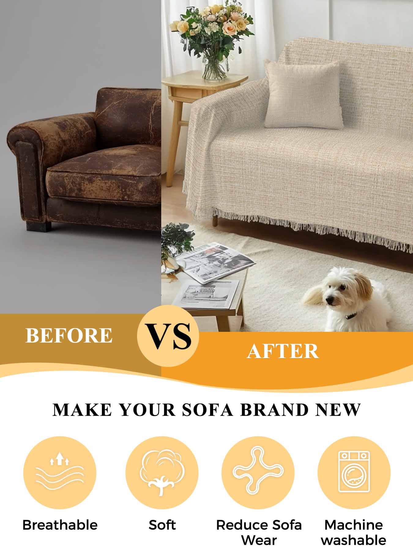 Vintage Cream Couch Cover for Dogs, Farmhouse Retro Beige Solid Color Washable Sofa Covers Slipcover for Pets Dogs Futon Cover, Couch Recliner Covers, Oversized Chair Slipcover 71"x91"