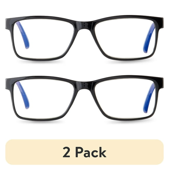 (2 pack) Equate Men's Finn Bluelight Rectangular Reading Glasses with Case, Black,  1.50