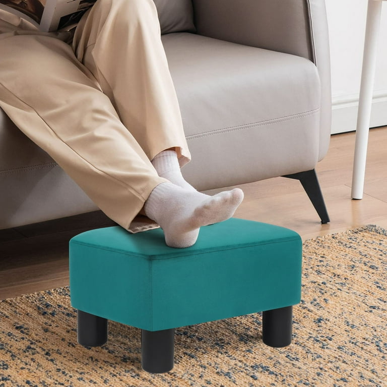 Small Footstool Foot Rest with Wooden Legs, Rectangle Chair Step Stool  Padded Foot Stool Small Ottoman for Guest Room Bedroom Blue 