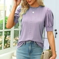 thumbnail image 3 of Sudadera de manga corta con cuello redondo cómoda para mujer, talla XL, camiseta hueca informal morada, 3 of 5