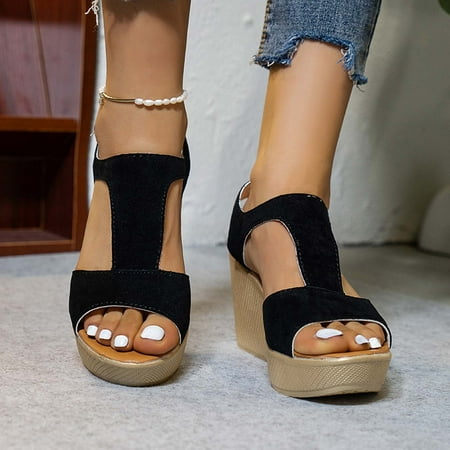 

Sunvit Womens Heeled Sandals- Casual Wedge Heel Open Toe Open Toe New Style Buckle Summer Sandals #54 Black-5.5