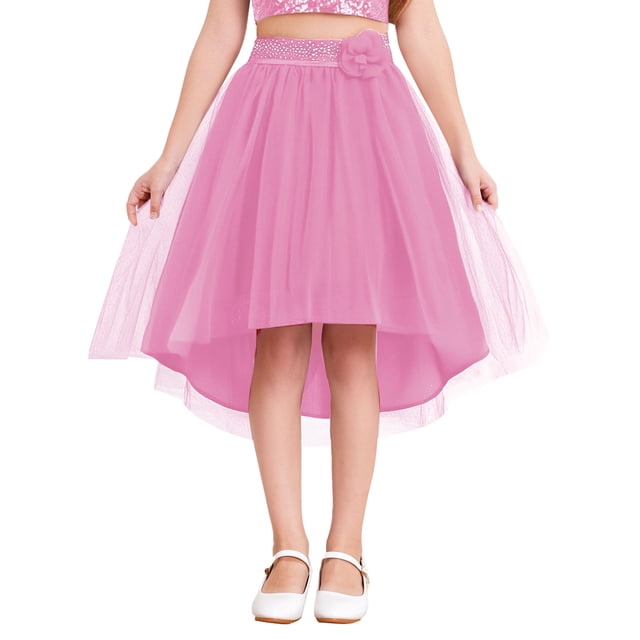 Sinleey Kids Girls Sparkly Irregular Hem Tulle Skirt Rhinestone Flower Decor Tutu Skirt for Pageant Prom Party Pink 8
