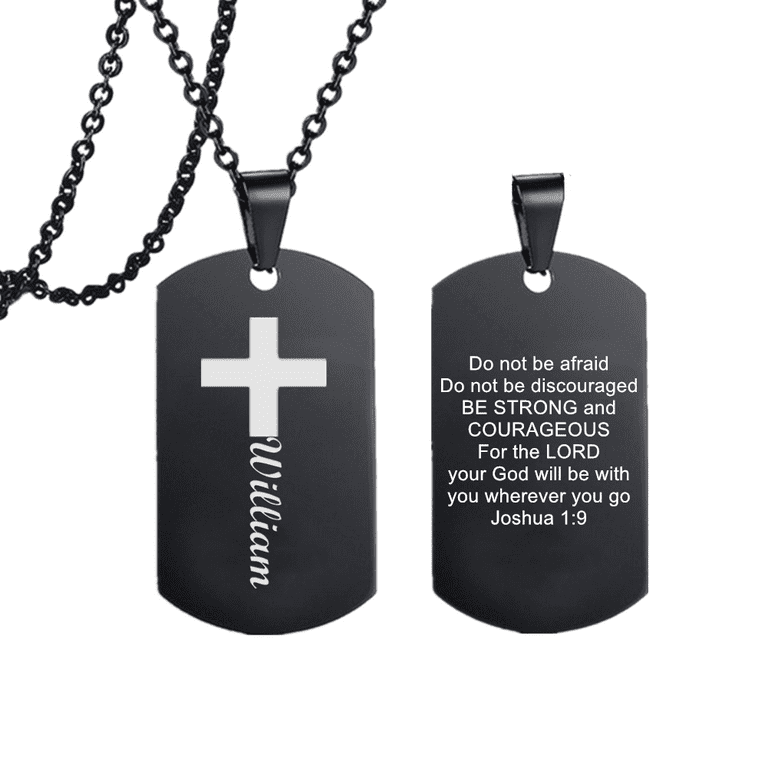 Men's Personalized Cross with Name Bible Verse Joshua 1:9 Pendant, Stainless Steel Customized Nameplate Necklace Inspirational Jewelry for Teens Men