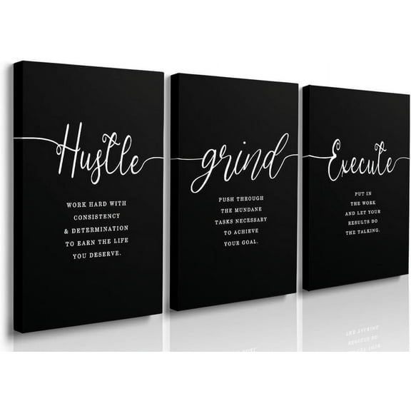 Canvas Painting Wall Art, Grind Hustle Execution Motivational Wall Art Decoration Posters Prints for Living Room Bedroom Office Decor Gallery Wrapped Canvas Art Set Framed Ready to Hang 12"X16"