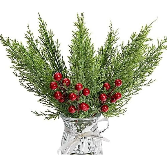 30 Pcs/Set Christmas 3D Artificial Pine Branches- 12.5 Inch Faux Evergreen Cedar Sprigs Branches- Fake Foliage Pine Needles Picks with Artificial Red Berry Stems for DIY Christmas Decoration