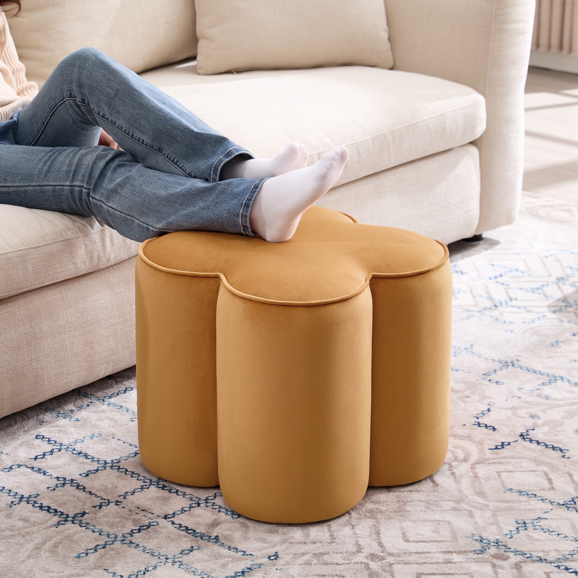 Zesthouse 18.5″ Velvet Fabric Ottoman, Modern Ottoman Coffee Table for Living Room, Flower Shaped Foot Stools, Upholstered Footrest Stool for Couch, Came