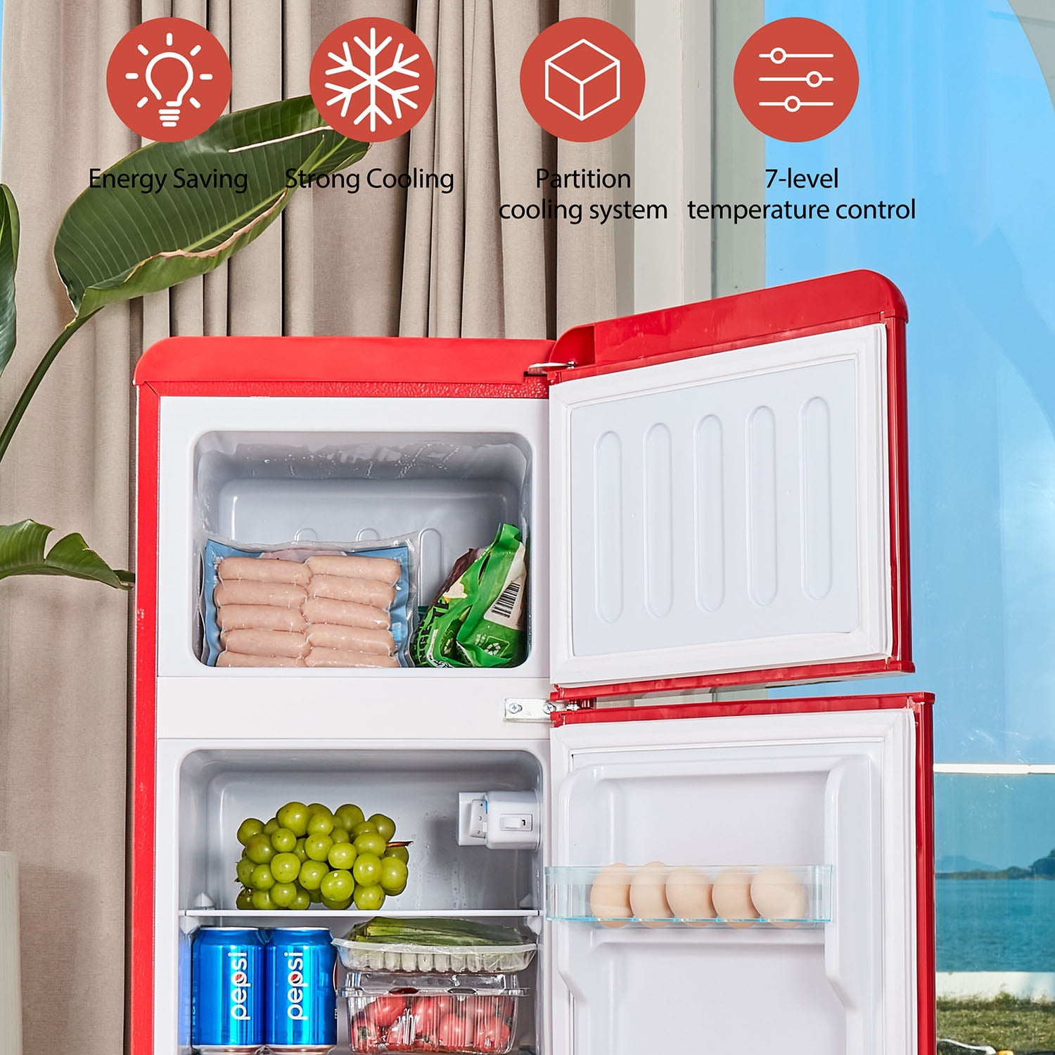 Spaco 4.5 cu. ft. Dual Zone Refrigerator, 3.3 Fridge + 1.2 cu. ft. 4-Star Freezer, 7 Temperature Settings, 45 dB, LED Lighting, Red Spaco 4.5 cu. ft. Dual Zone Refrigerator, 3.3 Fridge + 1.2 cu. ft. 4-Star Freezer, 7 Temperature Settings, 45 dB, LED Lighting, Red