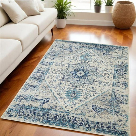 HomeRoots 550895 5 x 7 ft. Floral Medallion Distressed Rectangle Area Rug, Ivory & Light Blue