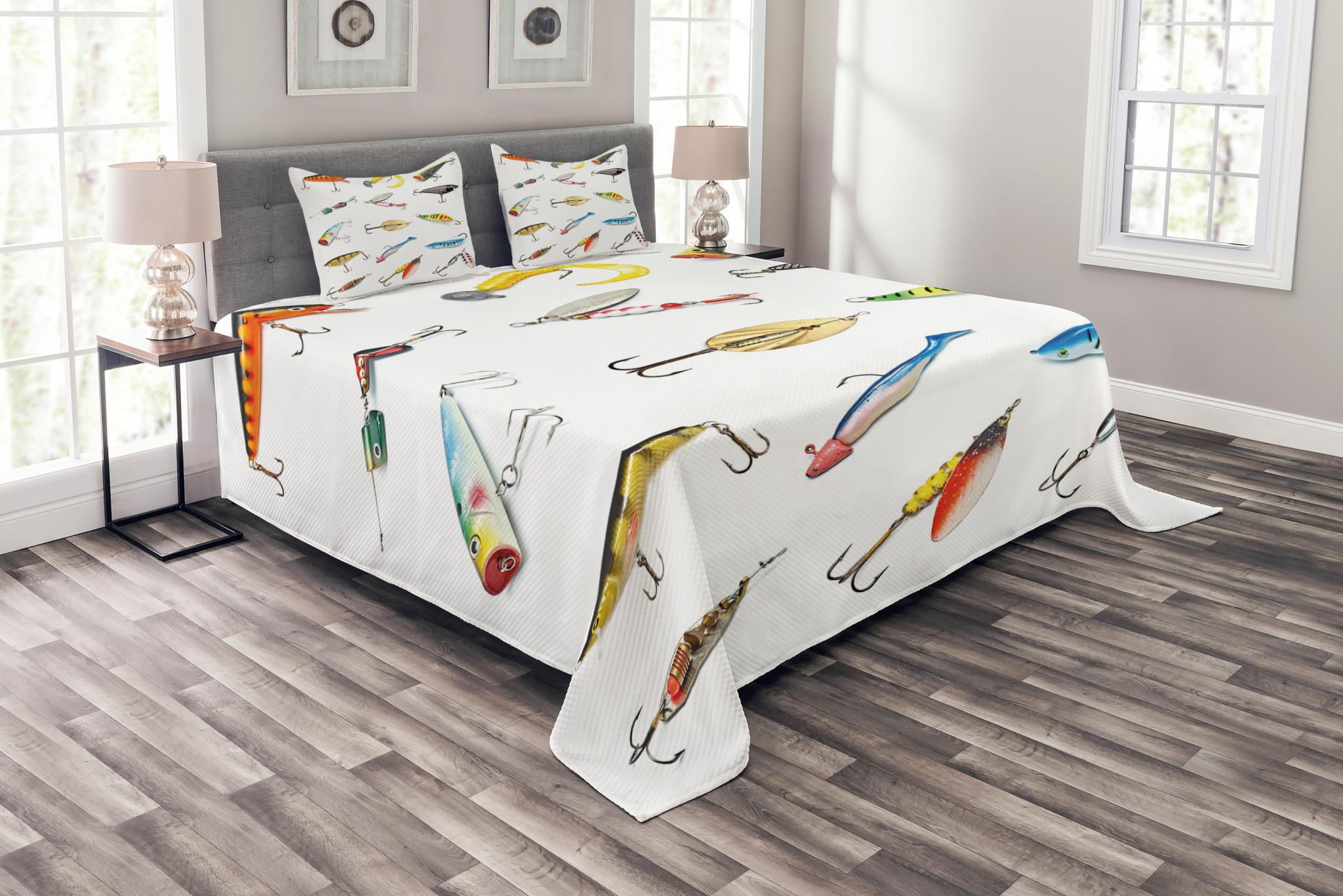 Multicolor Several Fish Hook Equipment Objects Trolling Angling Netting Gathering Activity Ambesonne Fishing Bedspread Set King Size Decorative Quilted 3 Piece Coverlet Set with 2 Pillow Shams