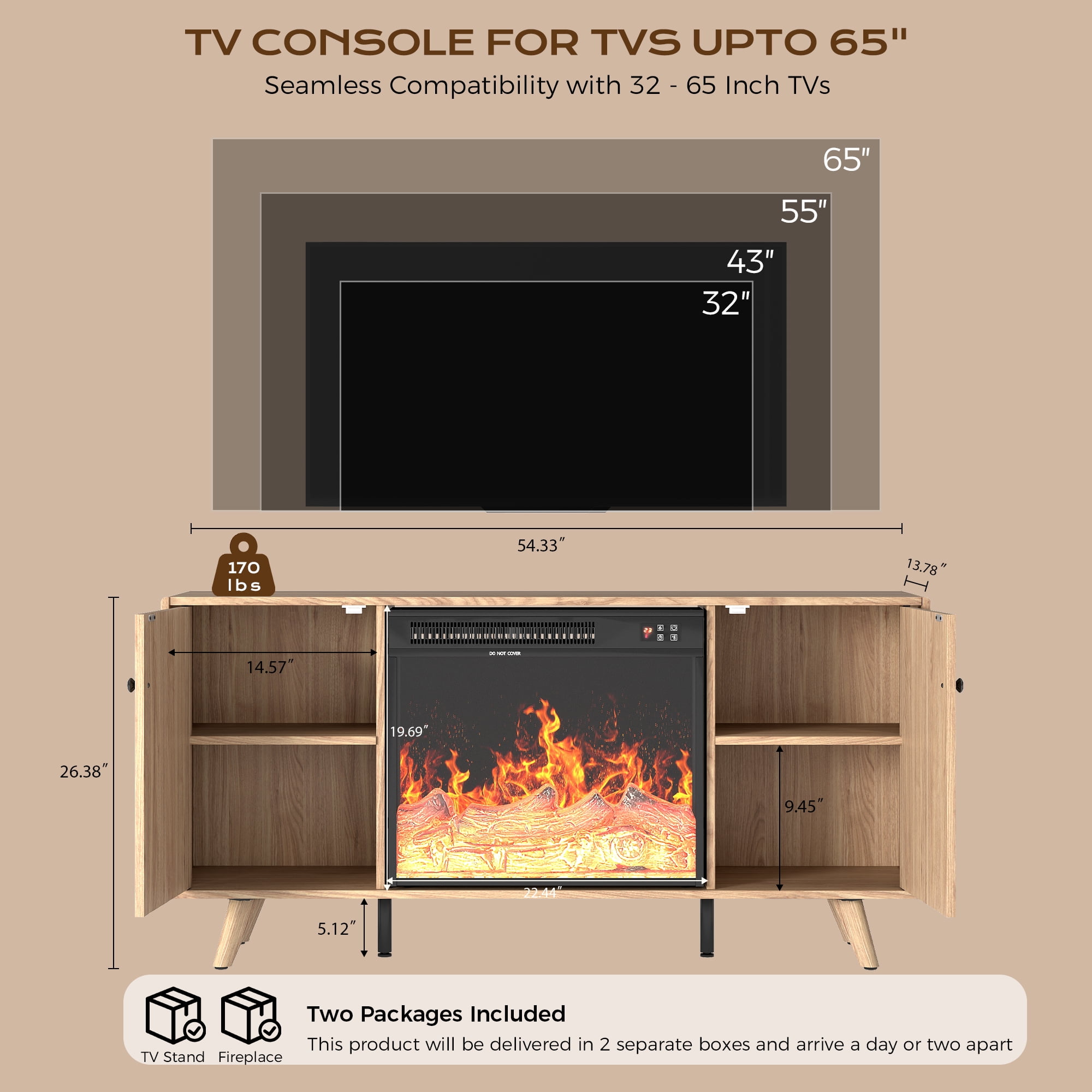 Manxile Modern Fireplace TV Stand for TVs Up to 70", Fluted Media Console Cabinet Entertainment Center for Living Room