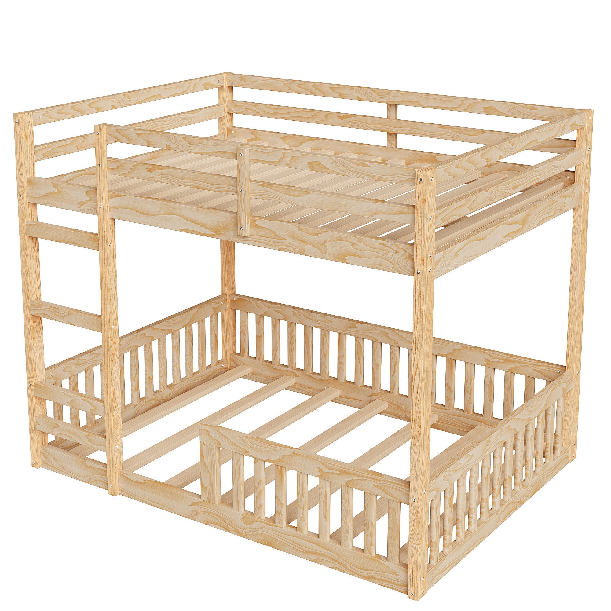Full Over Full Size Wooden Bunk Bed with Ladder and Guardrails, Low Floor Bunk Beds w/ Slats Support,Space-Saving Multifunction Furniture for Apartment,Bedroom