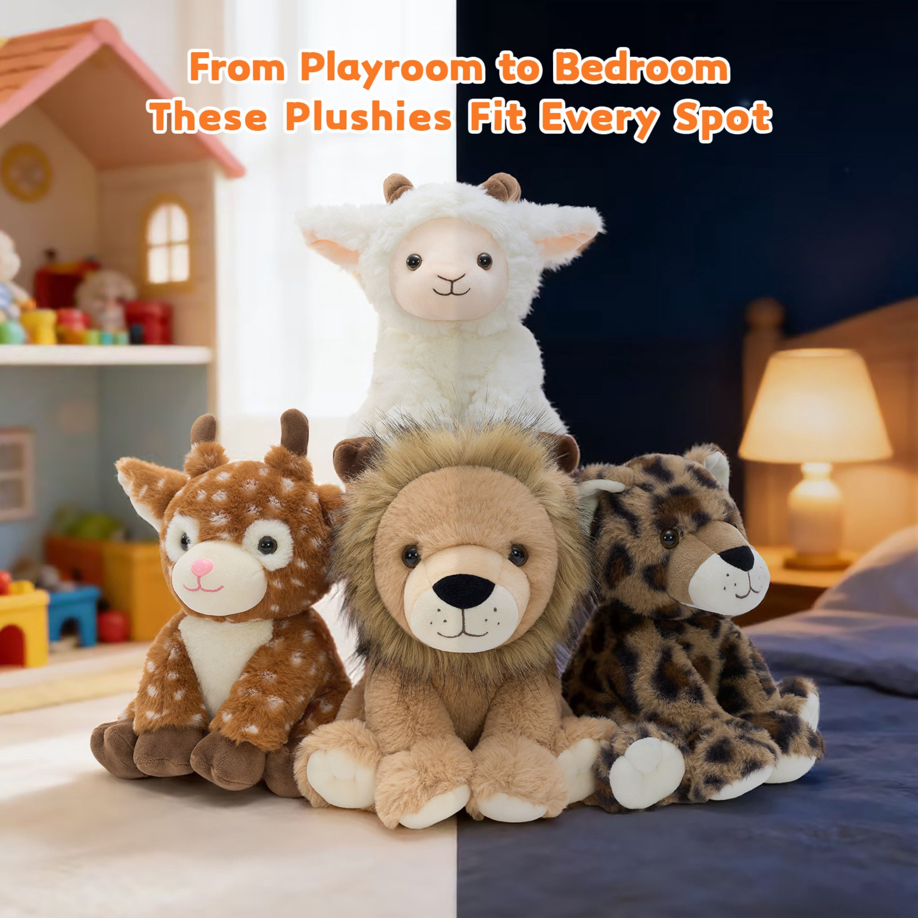 Tezituor 4Pcs Safari Stuffed Animals Stuffed Jungle Animals Plush(Goat / Leopard / Lion /Sika Deer)