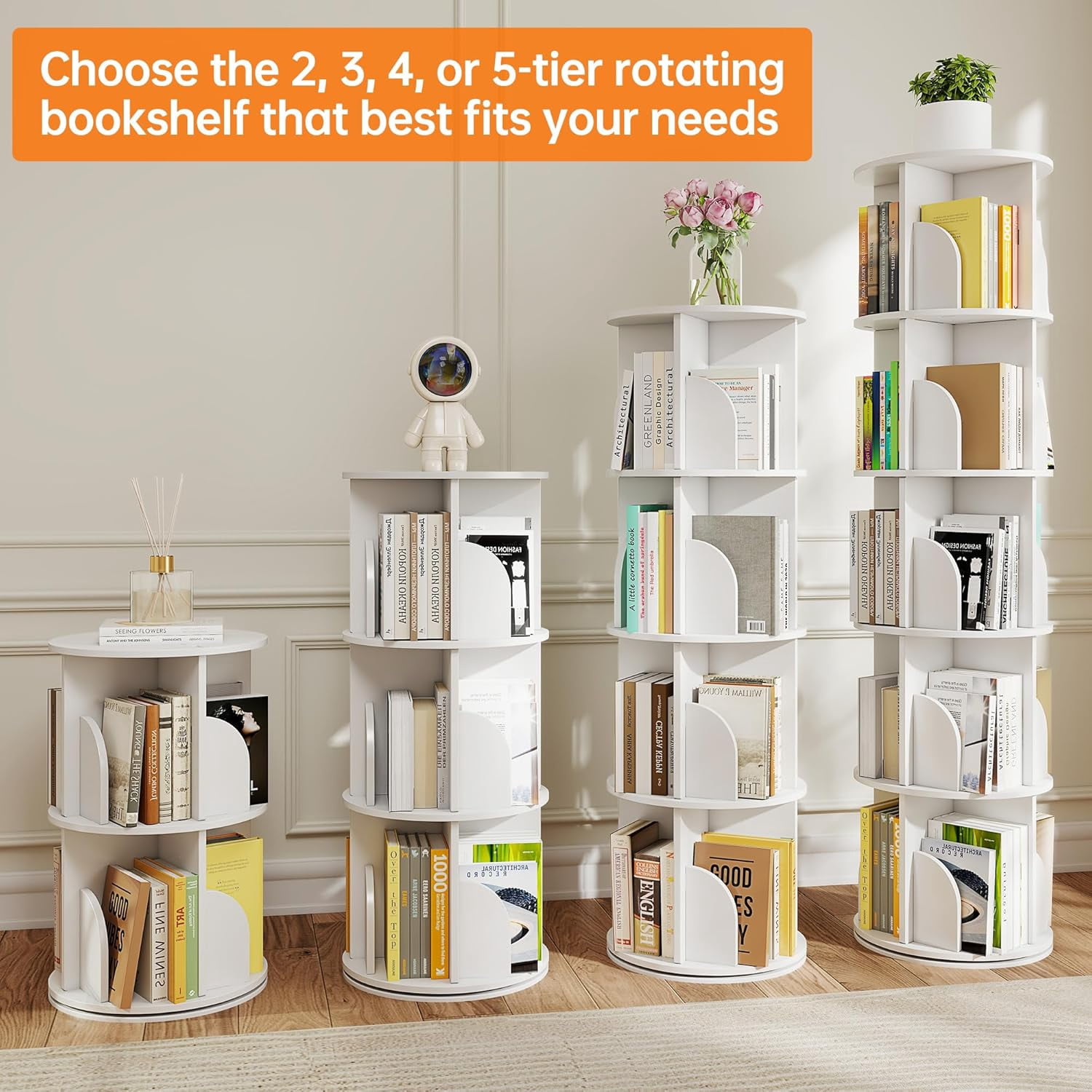 Rotating 2-Tier Bookshelf, 360° Spinning Corner Bookcase with Lazy Susan, White Space Saving Organizer for Study Room, Home Office, Kids Rooms, Bedroom, Adults & Kids