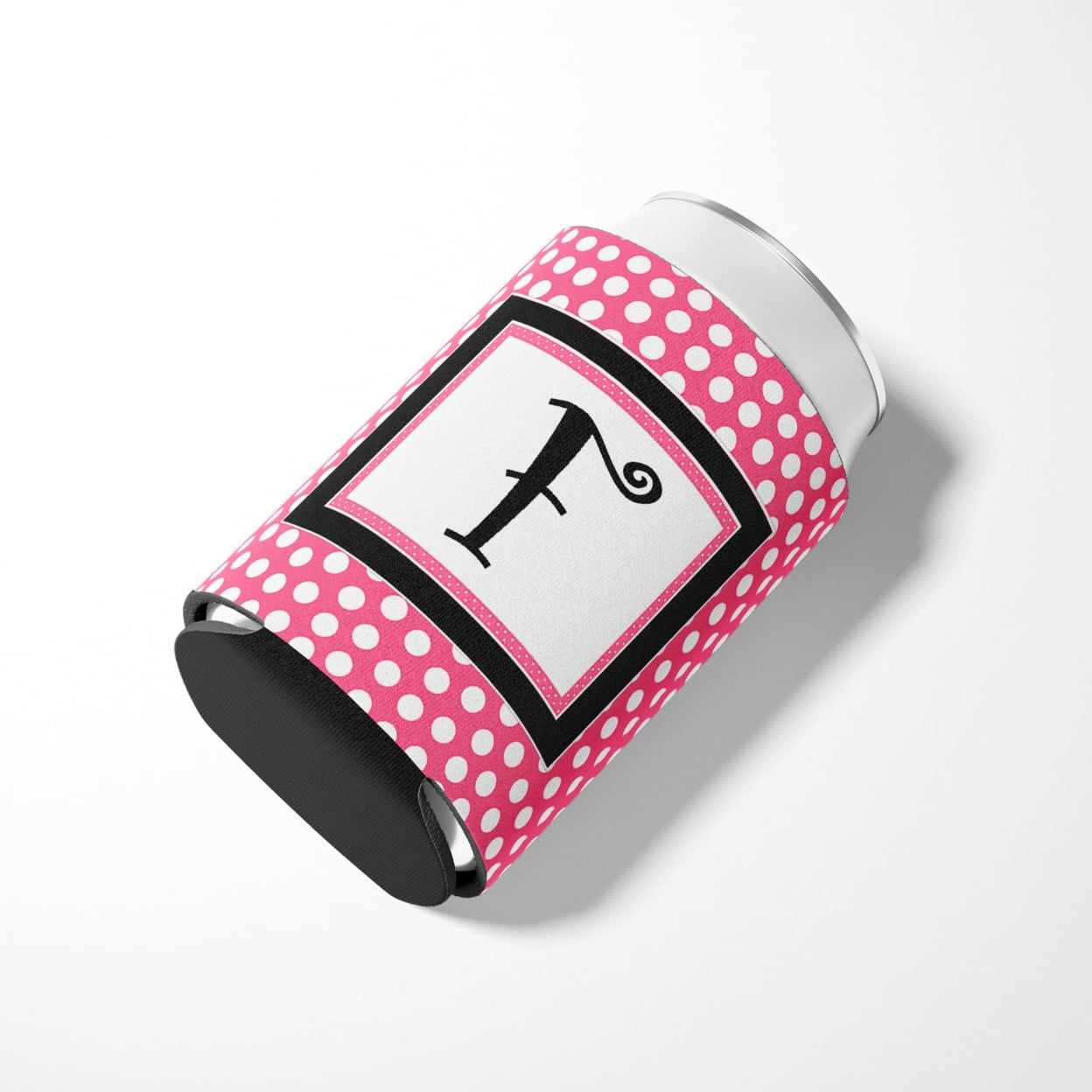 Letter F Monogram - Pink Black Polka Dots Can or Bottle Hugger