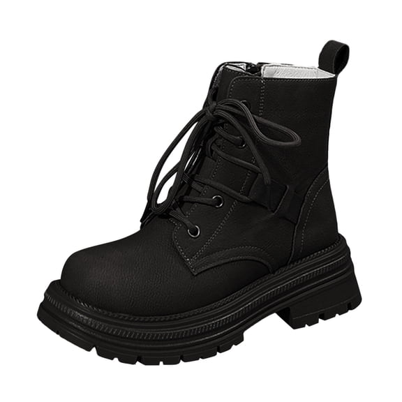 KEGIRLOM Women's Fashion Casual Winter Warm Ankle Boots Solid Color Round Toe Side Zipper Front Lace-Up Heel Low Heel Ankle Boots Black 7