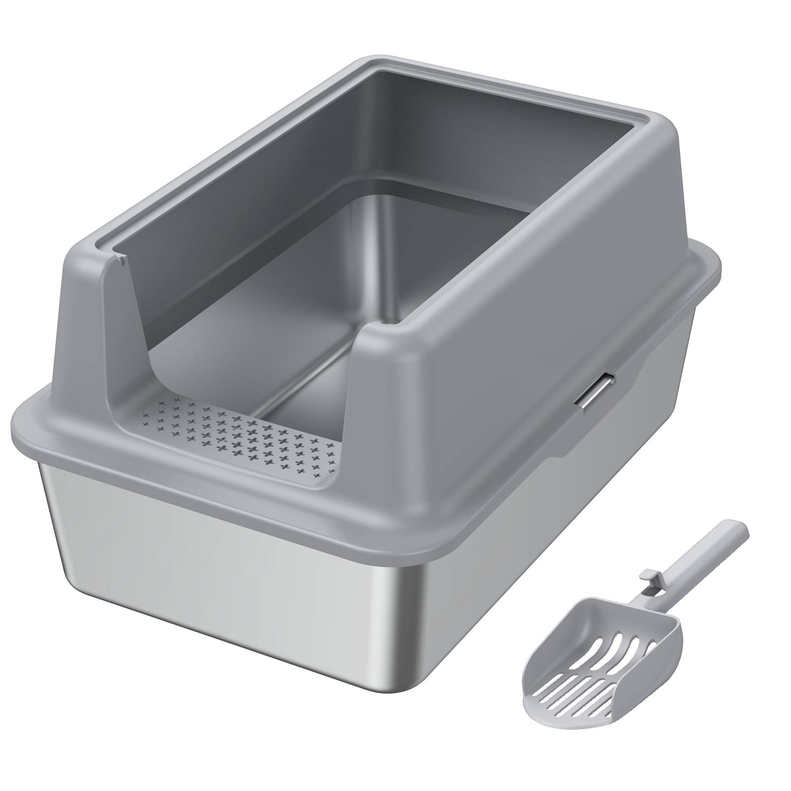 Litter Box with Large Litter Mat for All Cats, Upgraded Stainless Steel 23.6" Cat Litter Tray, High-Sided Open Top Cat Litter Box with Scoop, Anti-Scratch