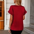 thumbnail image 4 of Camiseta Estrela de satén con cuello en V para mujer, camiseta informal de manga corta con bolsillo, cómoda, a la moda, para mujer, color rojo vino S, 4 of 6