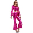 thumbnail image 2 of inhzoy Womens Shiny Metallic 70s Disco Party Dance Outfit One-Piece Flare Long Sleeve Jumpsuit Romper Hot Pink M, 2 of 8