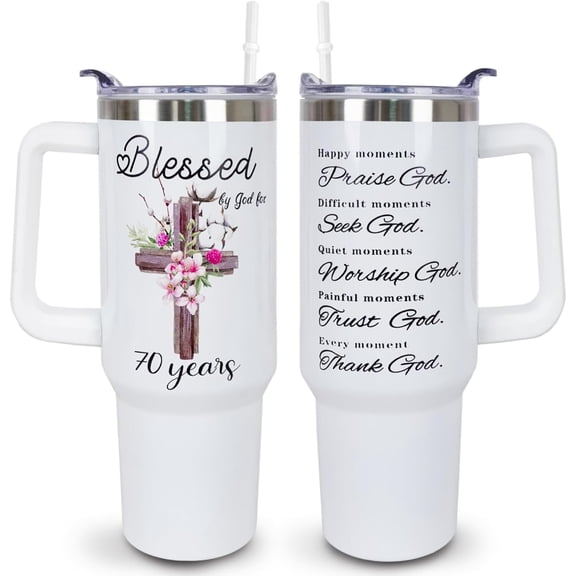 70th Birthday Gifts for Men Women 70 Year Old 1954 Birthday Gift Ideas for Dad Mom 40oz Tumbler Cup With Handle, Blessed by God- Crossed