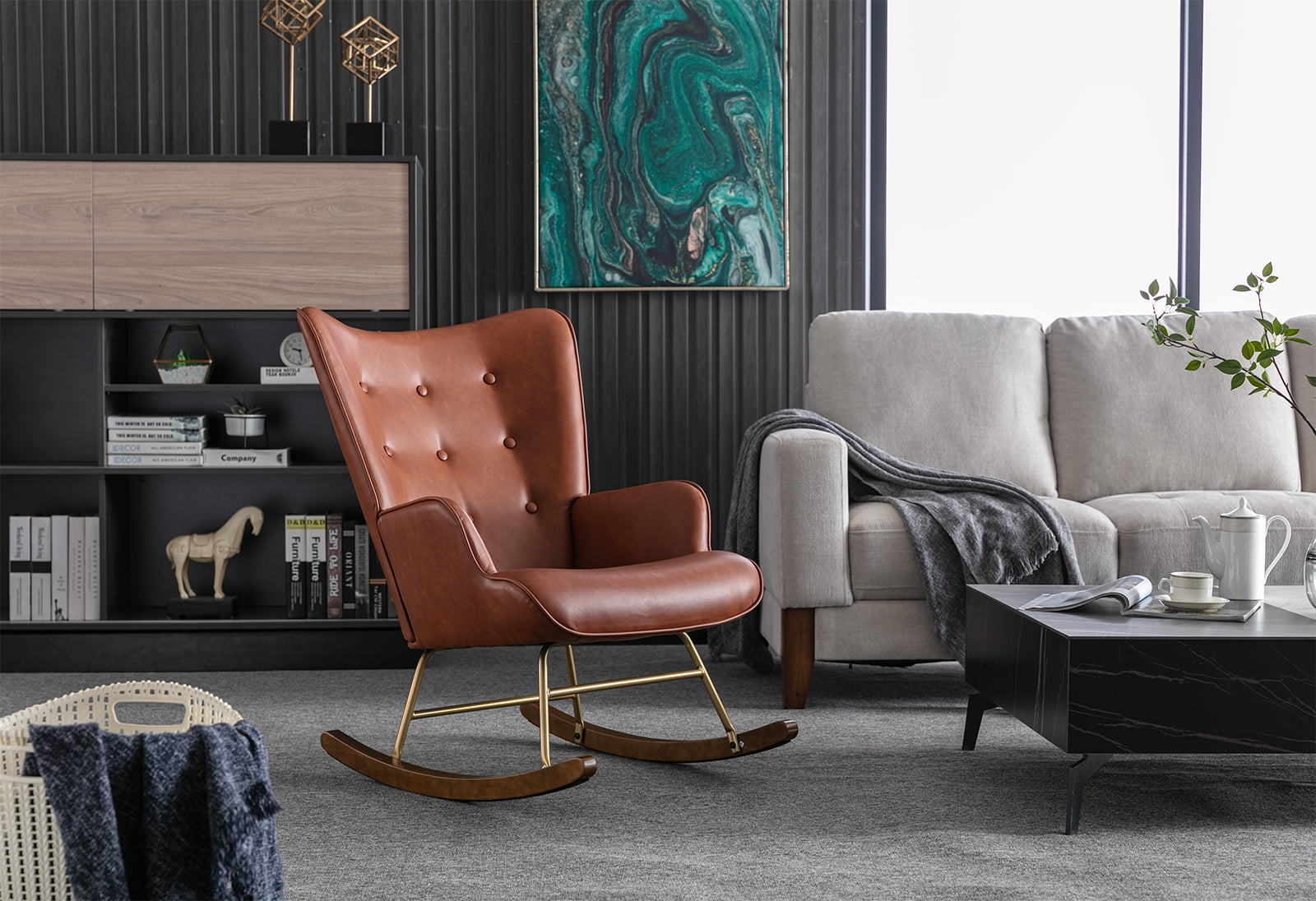 Guyou Modern Rocking Chair, Glider Nursery Chair with Tufted Wingback, Faux Leather Upholstered Accent Armchair for Living Room Bedroom Nursery, Brown