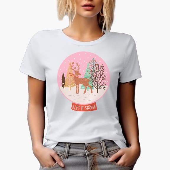 Let It Snow with Reindeer & Pine Trees, Christmas Snow Globe Art Merch Gift, White T-Shirt, Small