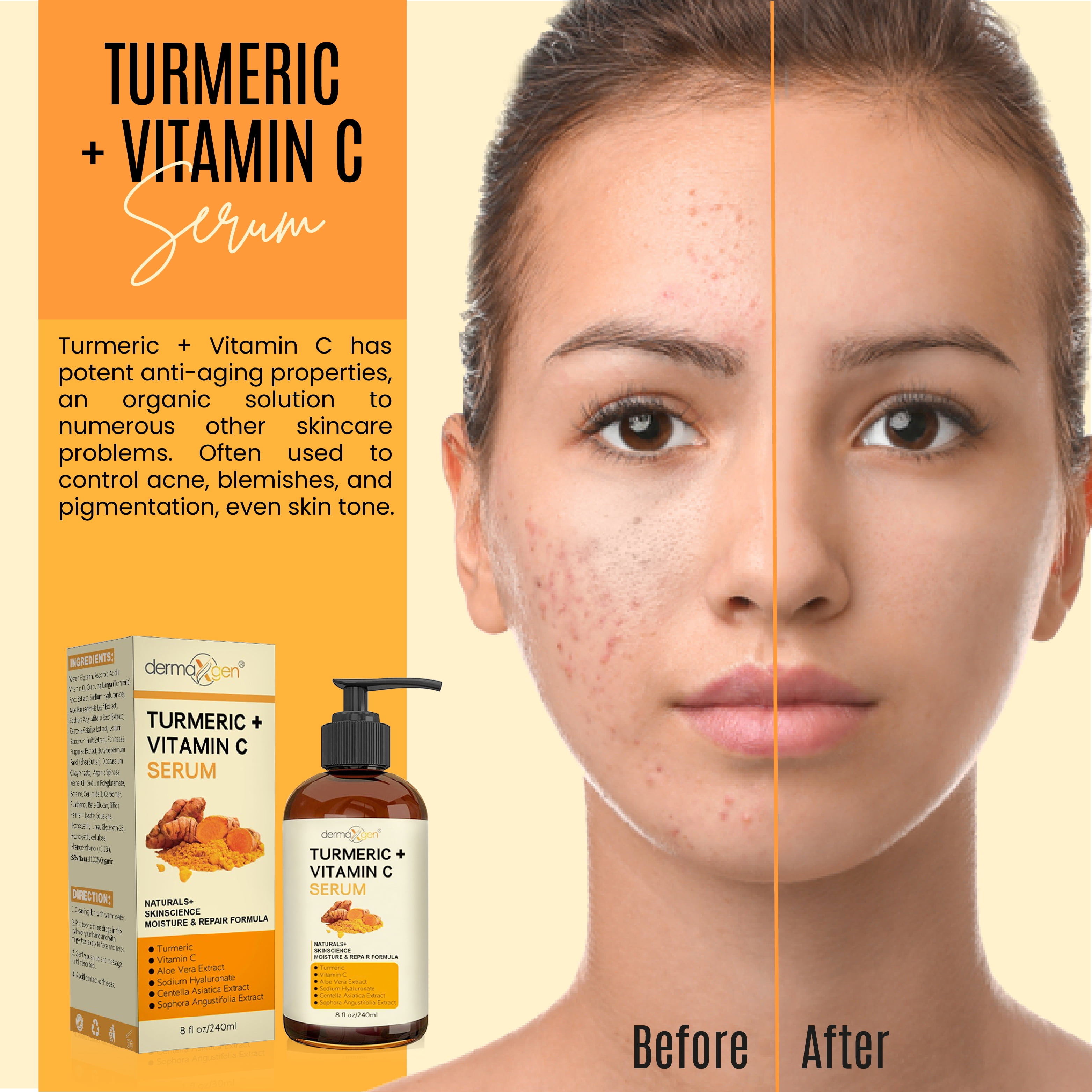 Turmeric and Vitamin C Anti-Aging facial serum, PURE ORGANIC Reduce Wrinkles, Improve Blemishes and Acne, Skin firming and Intensive Moisturizing & hydrating Serum for all skin Types - 8 fl oz.