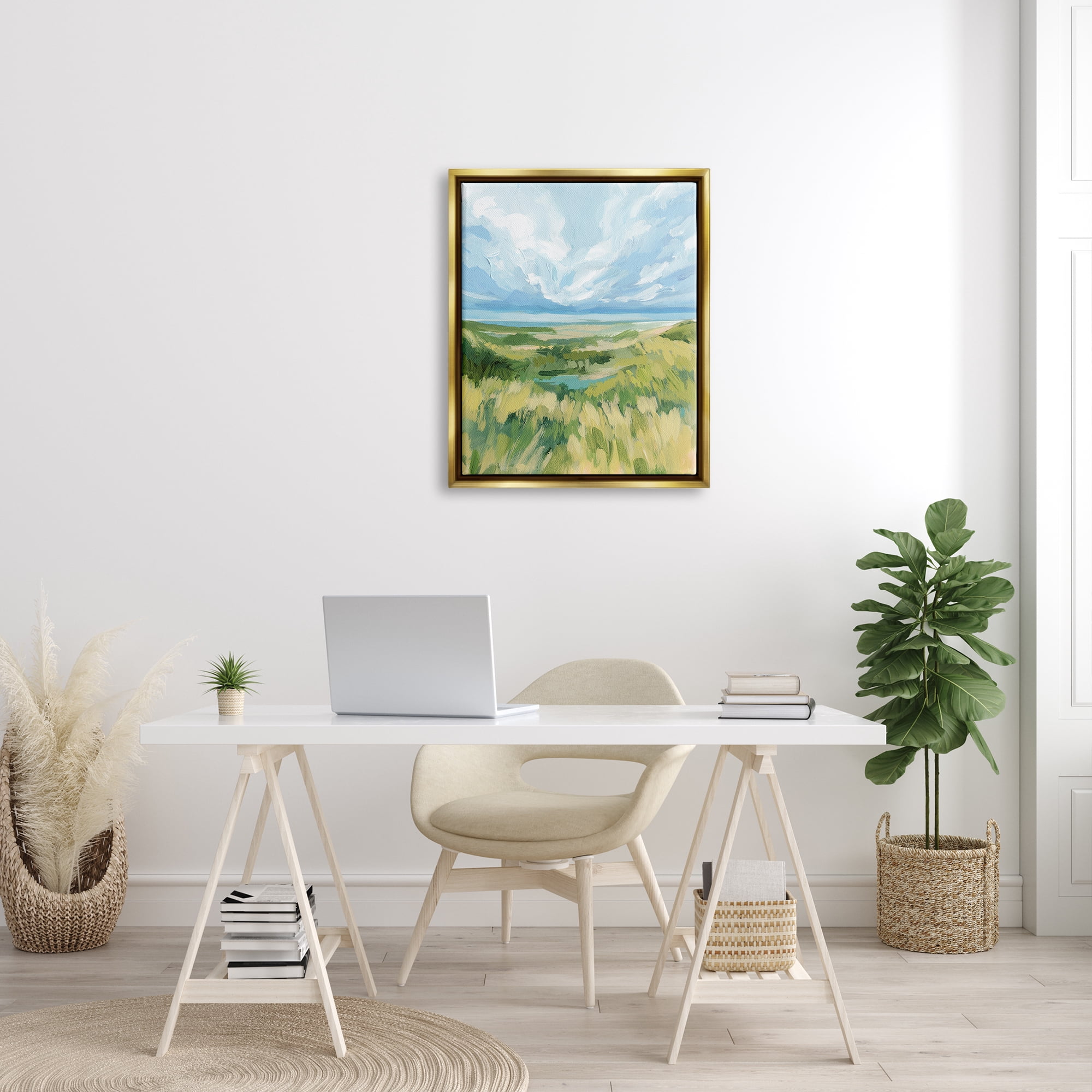 Stupell Coastal Grassy Dunes Landscape Landscape Painting Gold Floater Framed Art Print Wall Art
