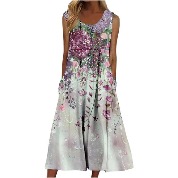 EDHITNR Summer Dresses for Women 2023 Sleeveless Round Neck Dress Pocket Fashion Print Long Party Club Dress Pink S