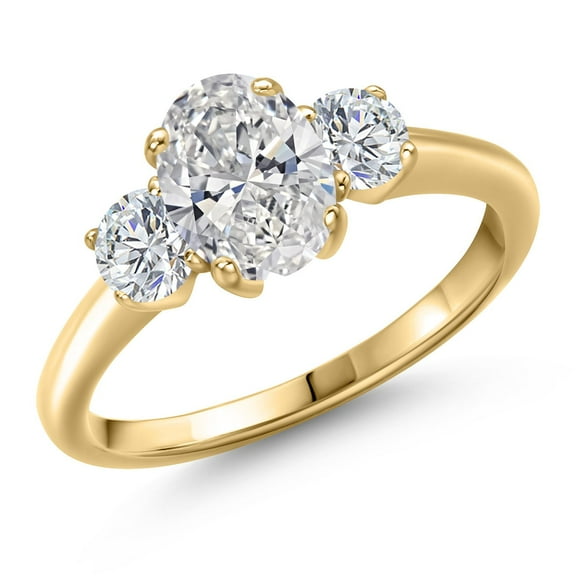 Gem Stone King 10K Yellow Gold IGI Certified Lab Grown Diamond 3-Stone Engagement Ring for Women | 1.54 Cttw | Center 1 Ct Oval Cut | E-F Color | VS1-VS2 Clarity (Size 6)