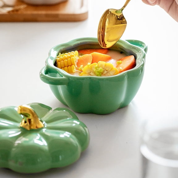 Pumpkin Bowl, Green 5.2 in Glass Serving Bowl with Lid and Side Handles, Fall Thanksgiving Table Serving Decor, bldnkj
