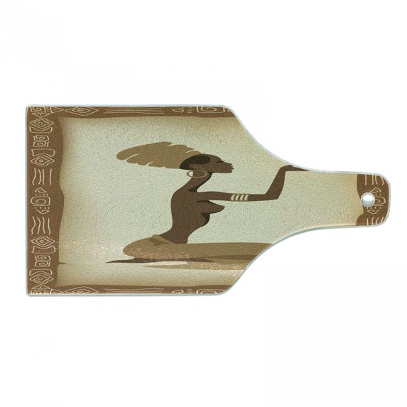 African Cutting Board, Folk Art Element Frame Native Lady Hand Gesture Antique, Decorative Tempered Glass Cutting and Serving Board, Wine Bottle Shape, Brown Pale Brown, by Ambesonne