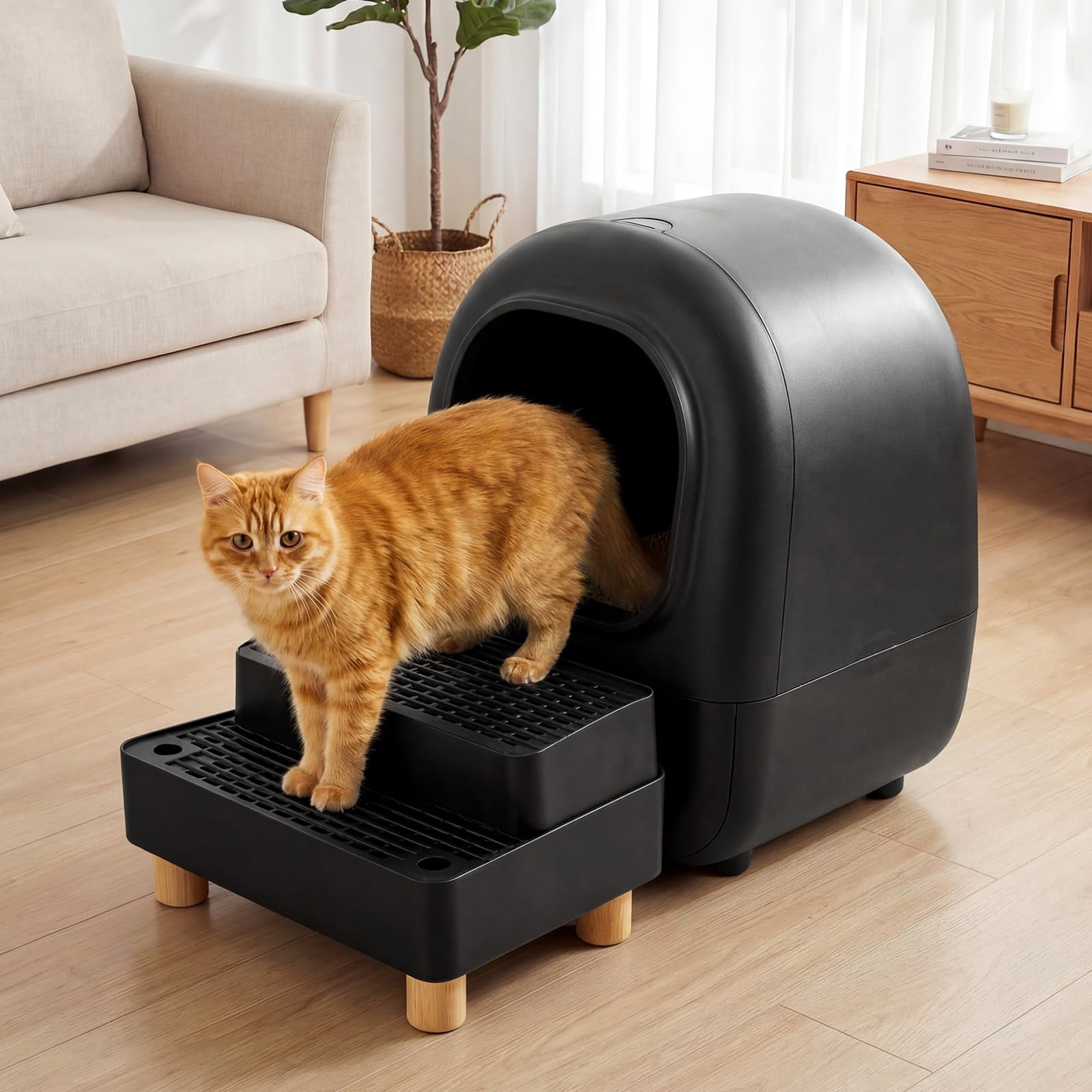 Adjustable 2 Steps Litter Box Ramp  Cat Catcher Mat With Wooden Feet Filter Function Step For Small & Elderly Cats Fits Automatic Boxes (black)