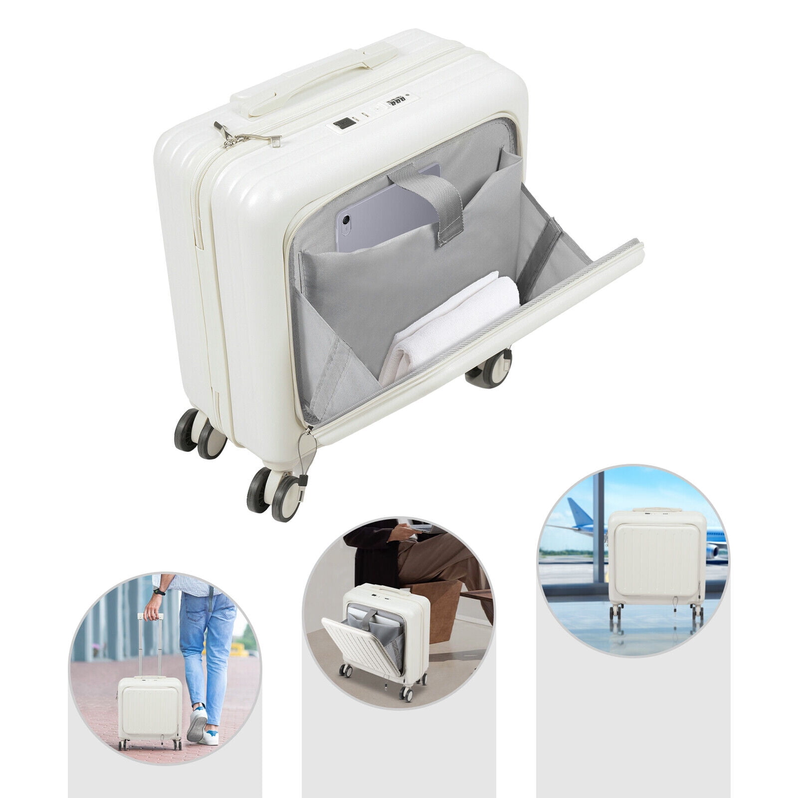 18 Inch Underseat Carry On Luggage with Wheels,Small Hard Shell Suitcase for Weekender,180° Top Opening Lightweight Travel Suitcase (White)