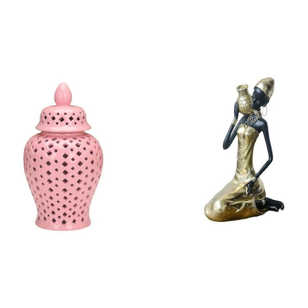 Jarrón Decorativo De Porcelana Con Tapa Para Arreglos Florales Y Estatua De Dama Tribal Africana, Artesanía Hecha A Mano, Pieza De Arte Coleccionable, Adorno De Resina Para Sala De Estudio.