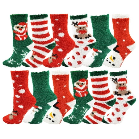 

Winterlace Women s Christmas Socks 12 Pairs Holiday Xmas Novelty Colorful Patterns (12 Pairs Fuzzy Socks w/ Gripper Bottoms (#2))