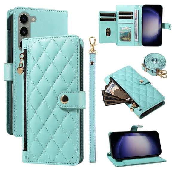 For Samsung Galaxy S23 Wallet Case: with RFID Blocking Card Slots [5 Cards 1 Cash Slot 1 Zipper Pocket | Soft PU Leather Magnetic Snap | Crossbody & Wrist Strap Protective Phone Cover,Green