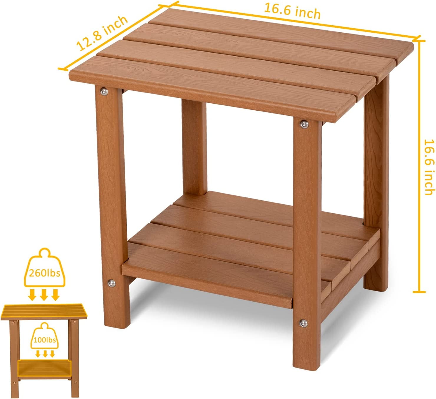 Nalone 2-Tier Outdoor Side Table, HDPE All Weather Adirondack Patio End Table, Outside End Table for Indoor Living Room Bedroom Porch Backyard, Teak