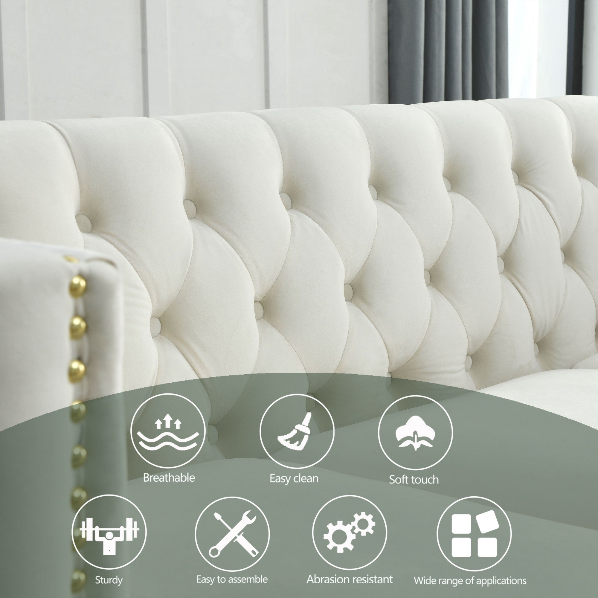 Sailvan 82" Velvet Chesterfield Sofa, Tufted Button Couch with Gold Metal Legs & Nailhead Trim, Modern 2-Seater with Unique Charm Loop Beige