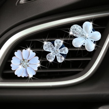 Bling Daisy Air Vent Clips, 3 Pcs Crystal Flower Car Air Fresheners Vents Clips Car Air Conditioning Outlet Clip Rhinestone Cute Car Interior Decoration Car Decor Charm Bling Car Accessories for Women