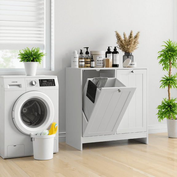 Semiocthome Laundry Hamper Cabinet with 2 Removable Baskets, Freestanding Bathroom Cabinet, White