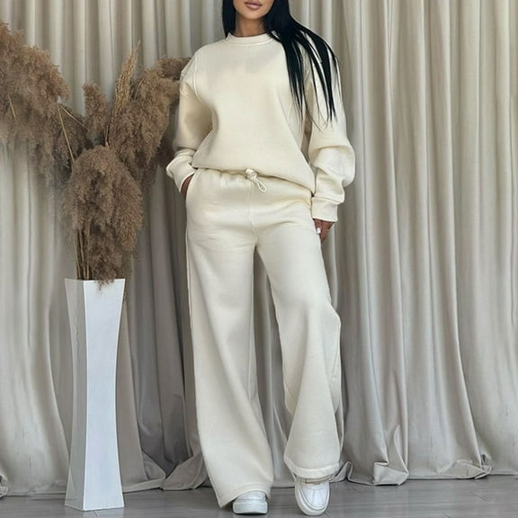Wensltd Women Hoodie Suit Solid Color Casual Crew-Neck Long Sleeve Top and Trousers