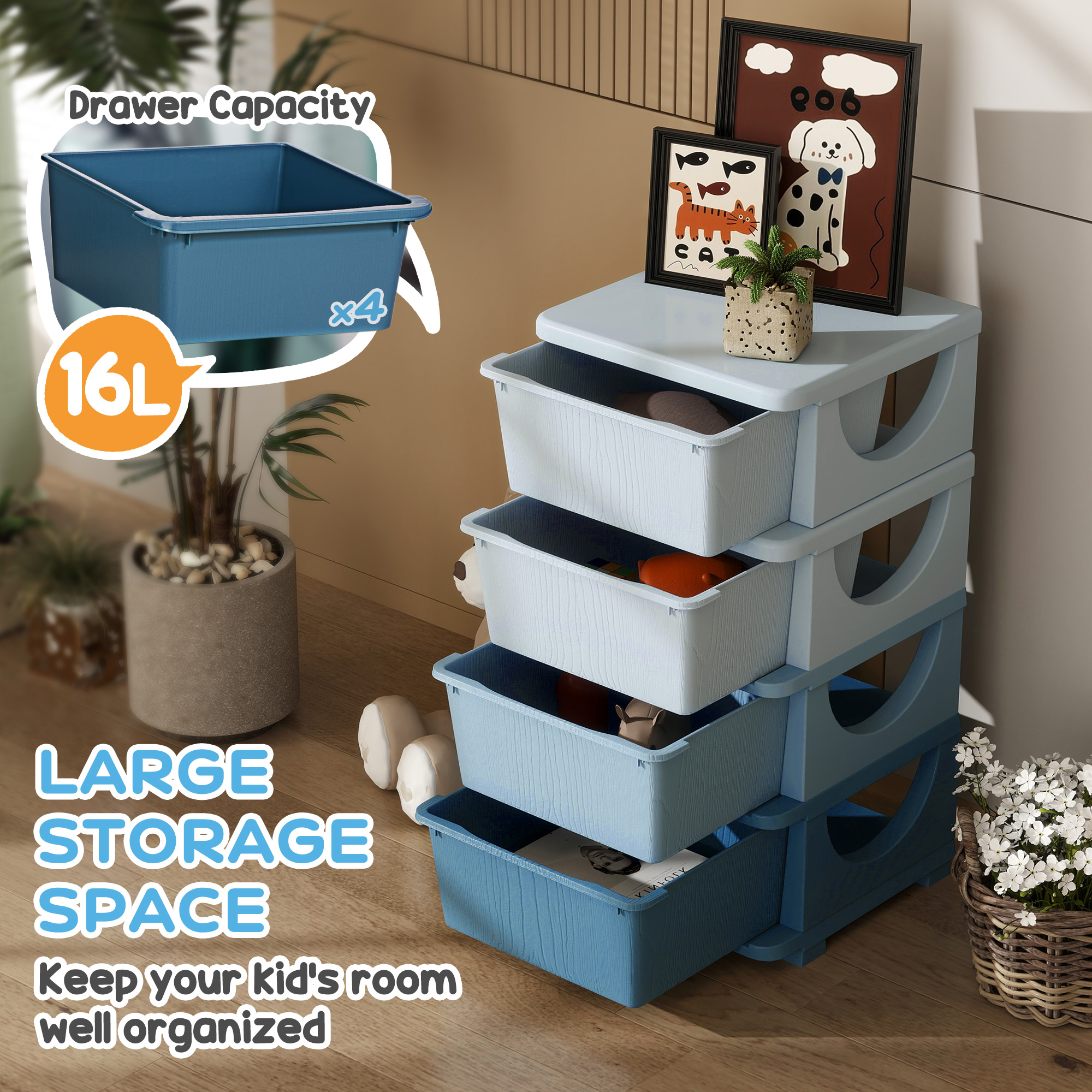 4 Tier Kids Storage Unit, 4 Drawer Chest Toy Organizer Plastic Bins for Kids Bedroom Nursery Kindergarten Living Room for Boys Girls Toddlers, Blue