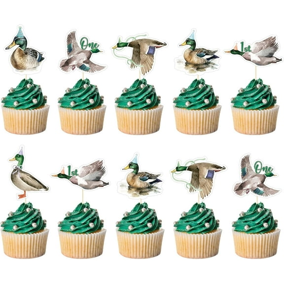 First Birthday Duck Cupcake Toppers - 24Pcs Mallard Duck Baby Shower Decor & Hunting Cake Picks