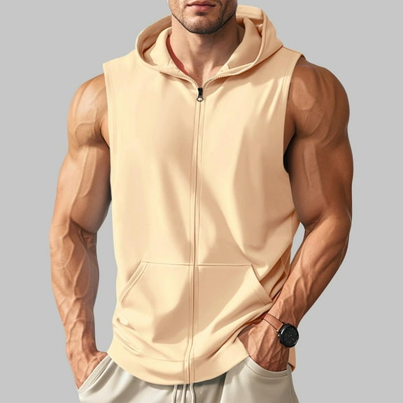 Zedker Men's Sleeveless Hoodies Full Zip Up Vest Jacket Gym Workout Hooded Sweatshirts for Sport Casual Hoodie Coat with Pockets Beige L