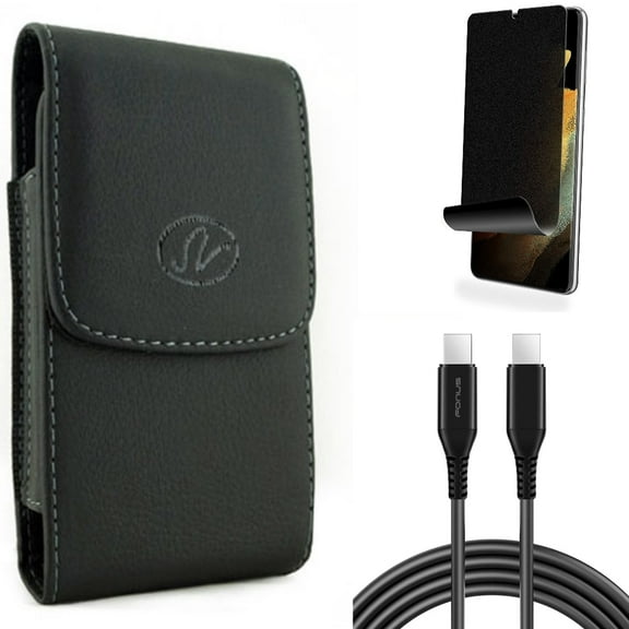10ft Long USB-C Cable & Case Belt Clip & Privacy Screen Protector for Samsung Galaxy S22 Plus (S22 ) - Combo PD Fast Charger Cord Power Wire & Leather Holster Cover & TPU Film (Fingerprint) Anti-Peep